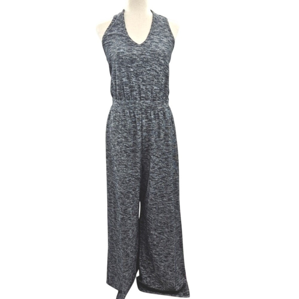 Womens Sleevelessā Jumpsuit Gray Wide Leg Halter Neck Tie Back Casual